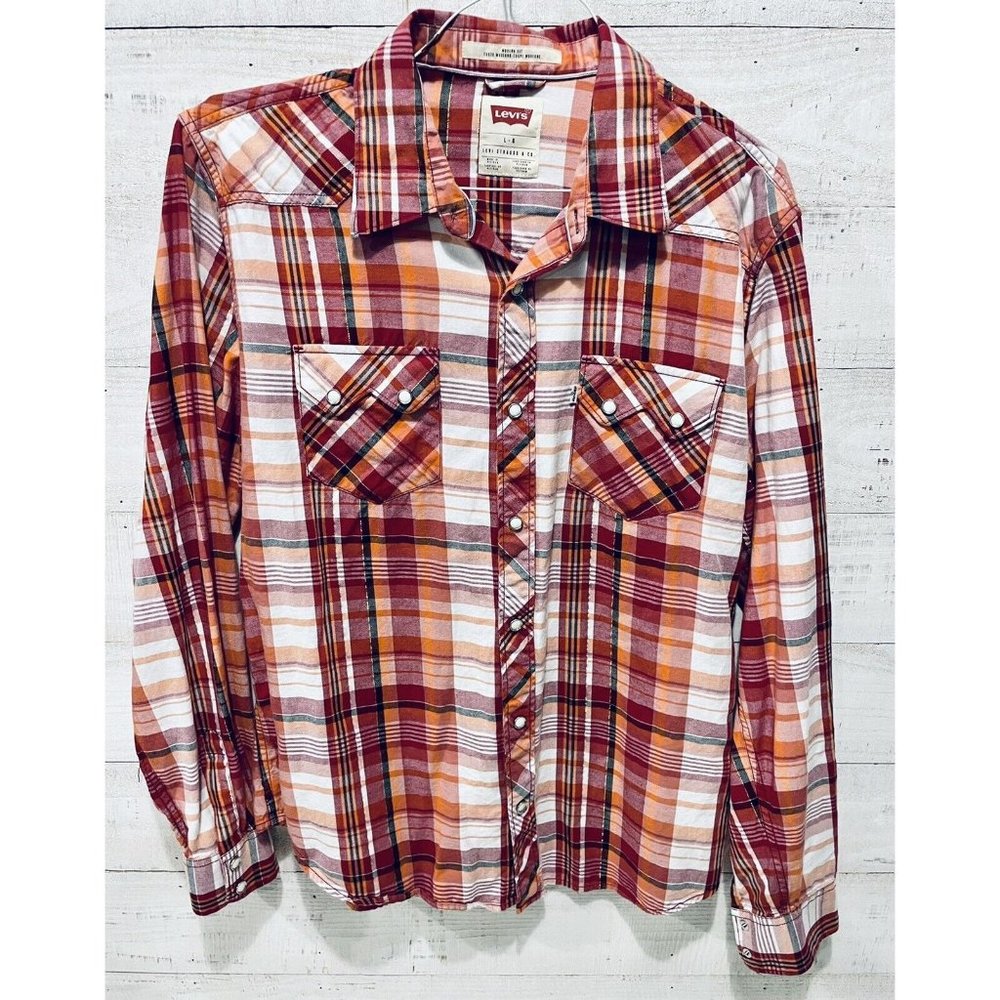 Levis Pearl Snap Shirt Mens Large Red White Striped Western Long Sleeve